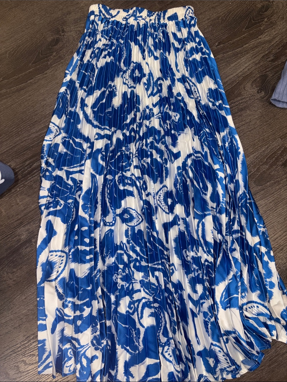 Blue and White Pleated Floral Maxi Skirt - Women